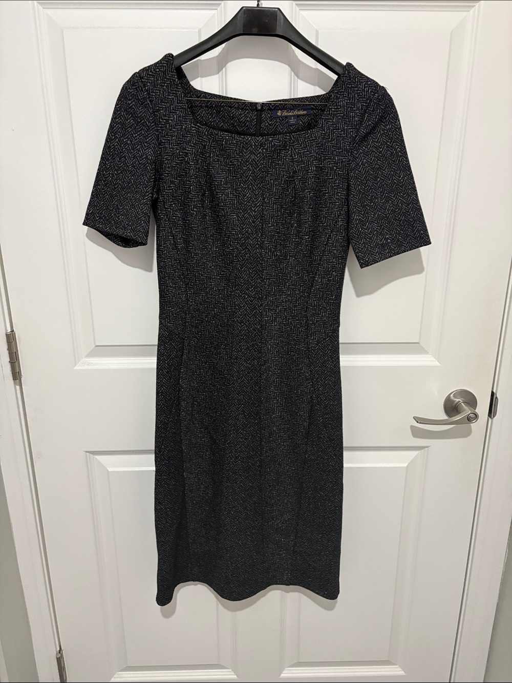 Brooks Brothers Charcoal Textured Midi Dress with Square Neckline